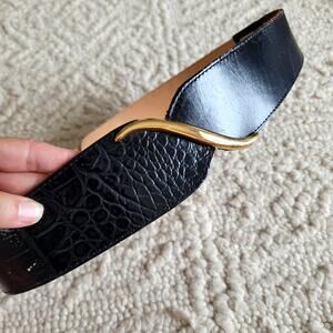 Vintage Black Croc Leather Belt Gold Hardware